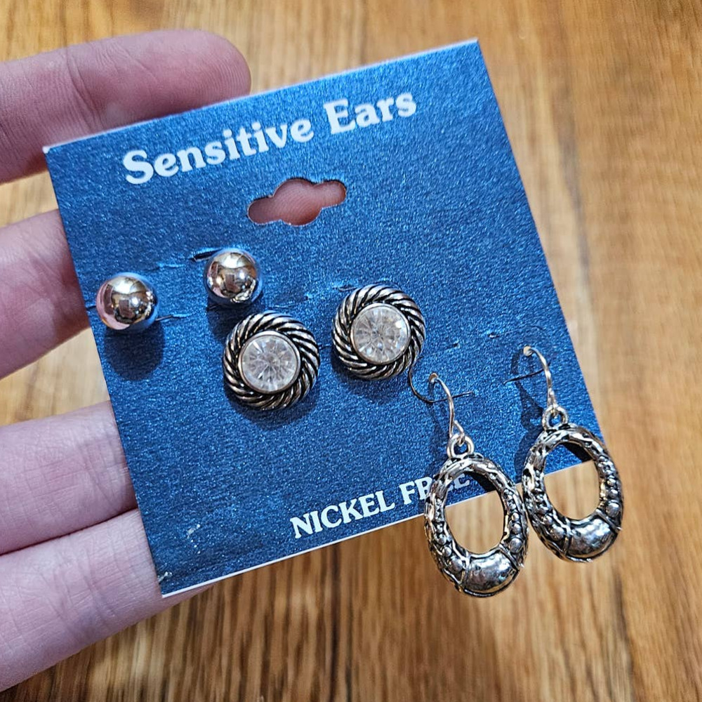 NWT! Sensitive Ears 3-PC Earring Set ~ Studs Dangle Drop